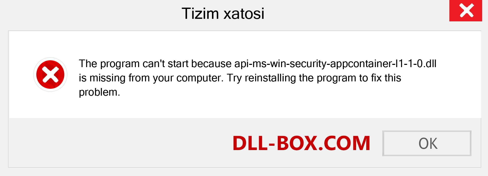 api-ms-win-security-appcontainer-l1-1-0.dll fayli yo'qolganmi?. Windows 7, 8, 10 uchun yuklab olish - Windowsda api-ms-win-security-appcontainer-l1-1-0 dll etishmayotgan xatoni tuzating, rasmlar, rasmlar